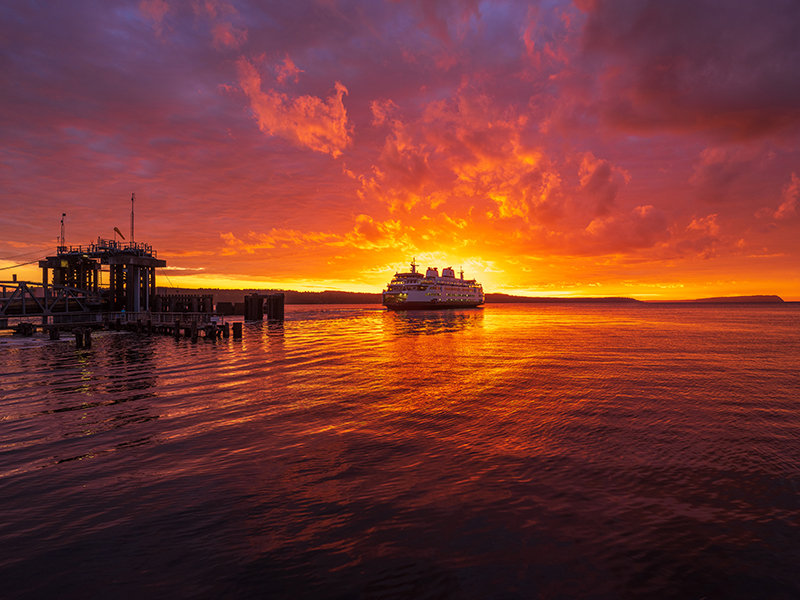 Ferry Fiery Sunset Reflection